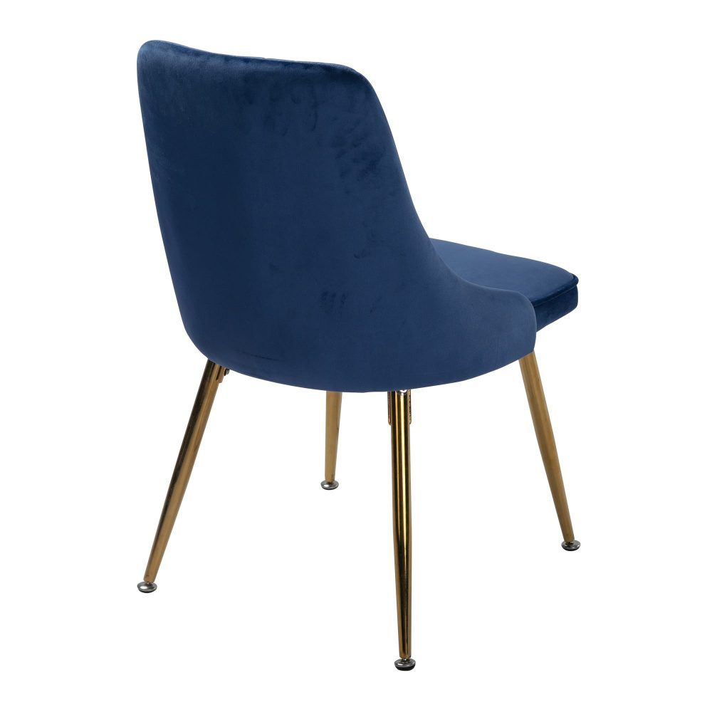 Blue upholstered dining chair with curved back and gold tapered legs