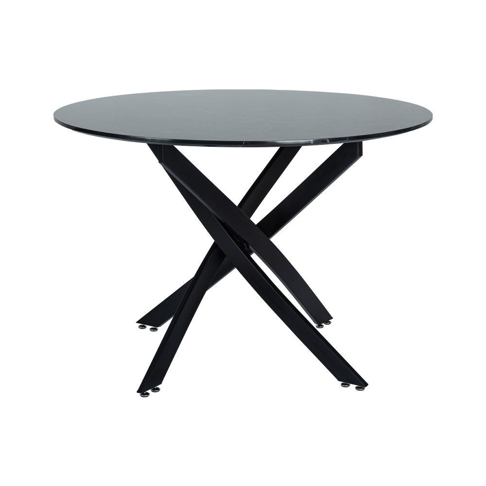 Round glass dining table with black X base and four angled legs