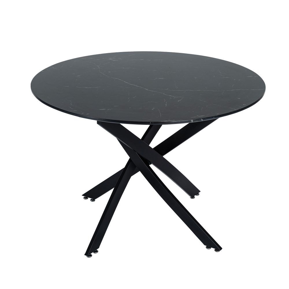 Round dark tabletop on black X-frame support with leveling glides