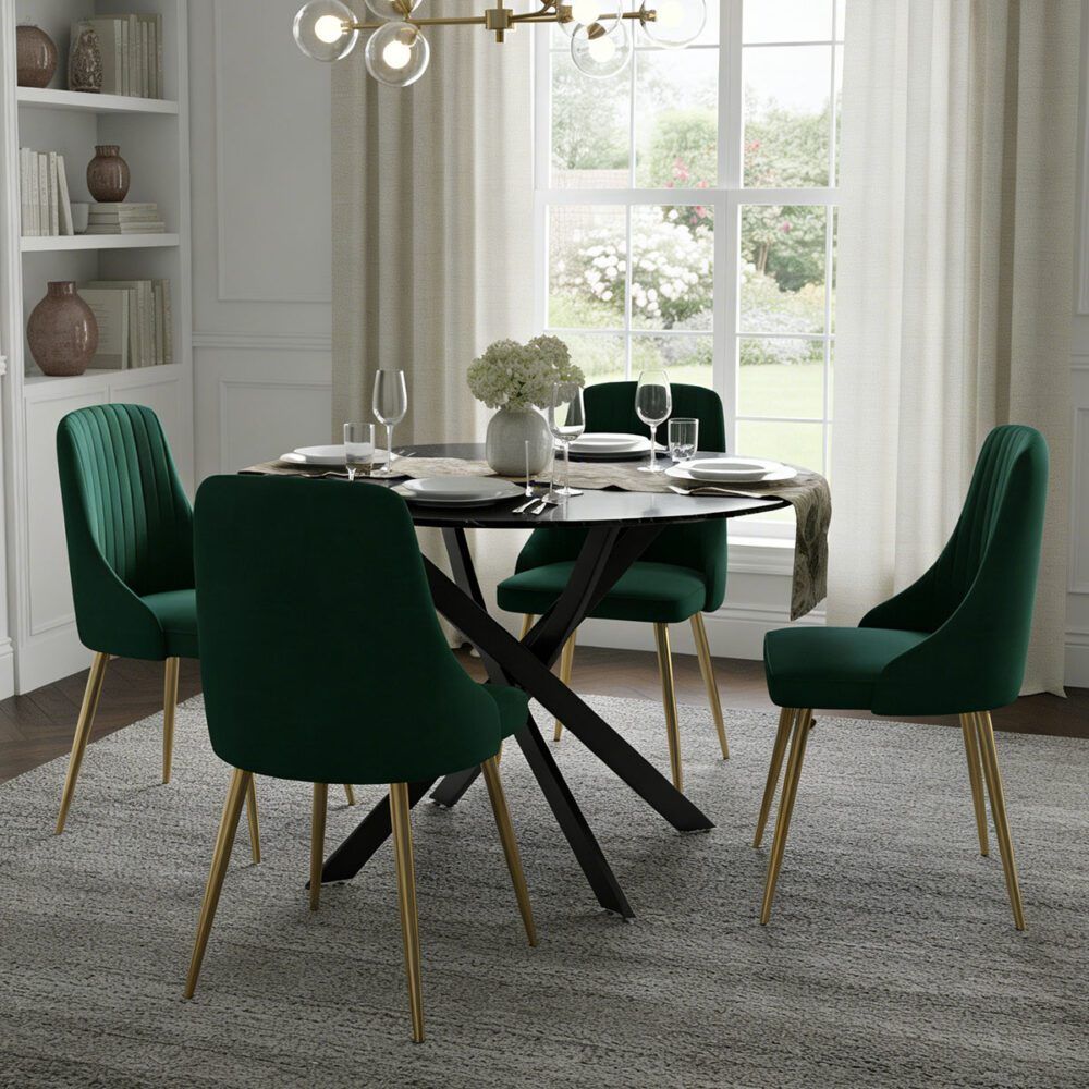 Dining room table set: round marble-look top, black X legs, and teal velvet chairs