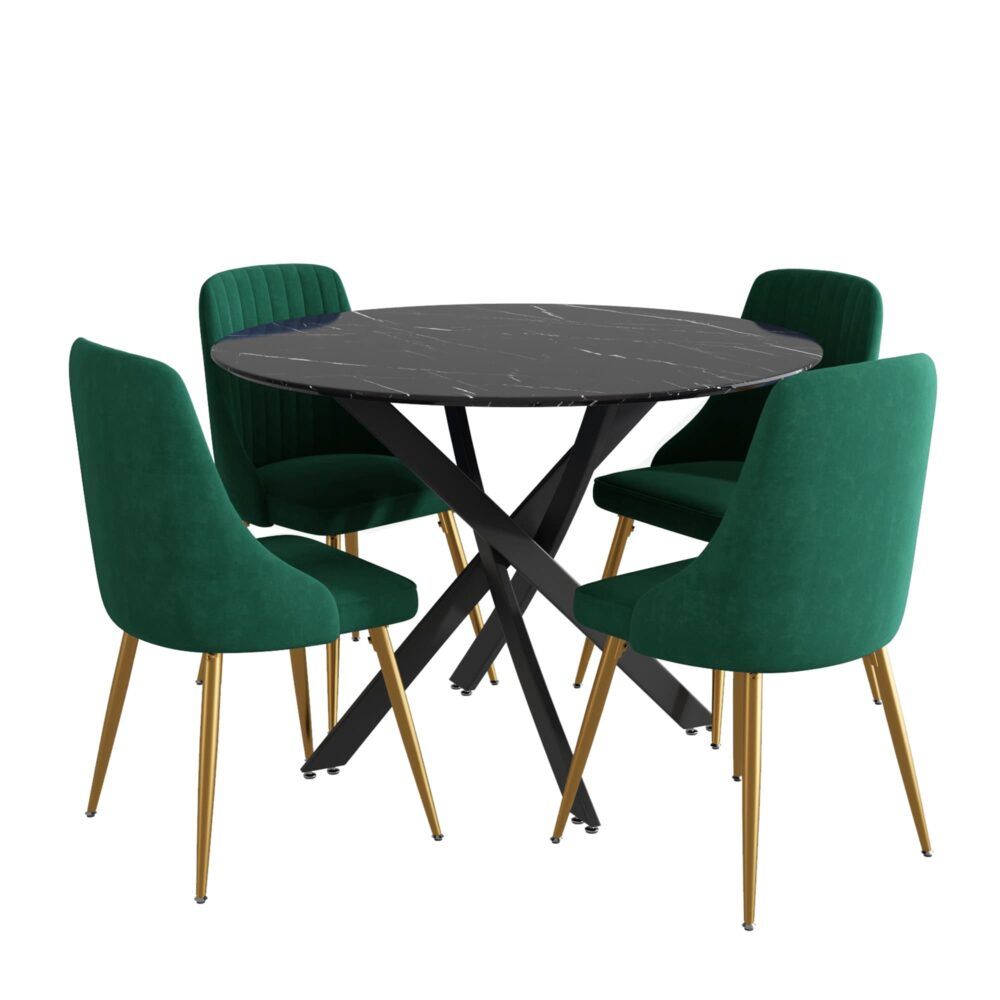 Round marble-look table with black X base and four teal velvet upholstered chairs