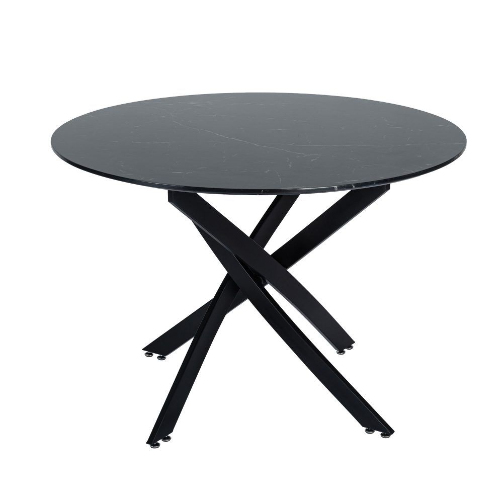 Round marble-look table top with black X base and angled pedestal legs