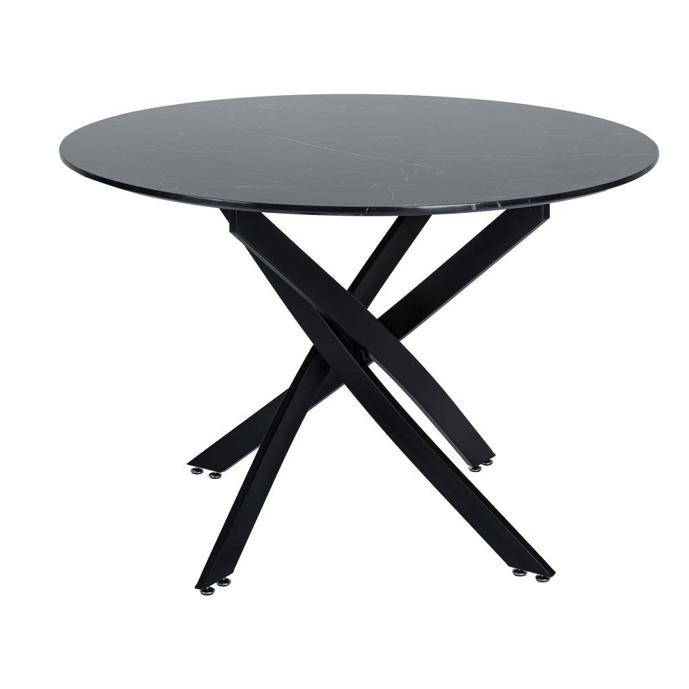Round marble-look table with black X base and four short angled feet