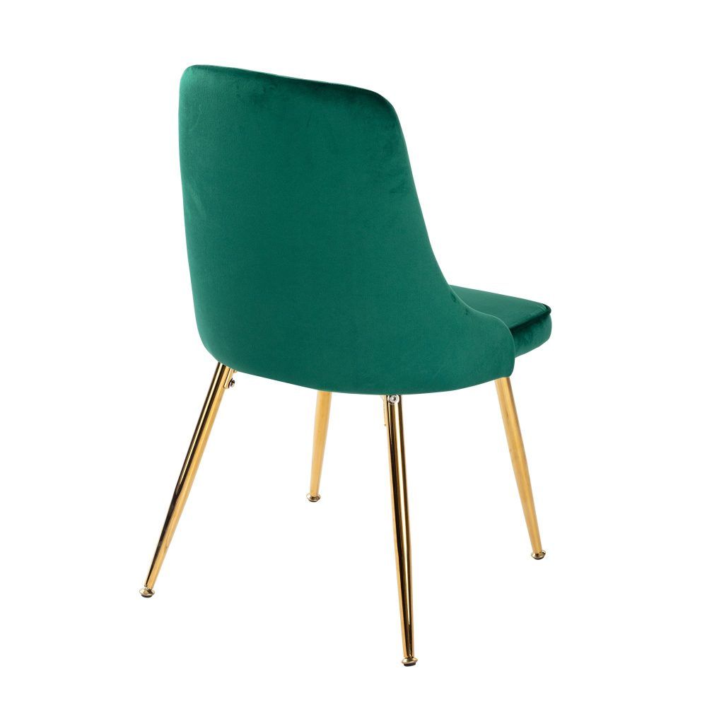 Teal-green velvet accent chair with tall curved back, upholstered seat, gold legs
