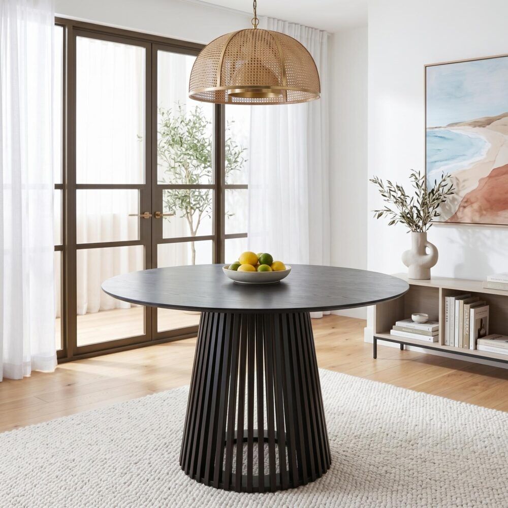 Round dining table with dark gray top and ribbed black center pedestal