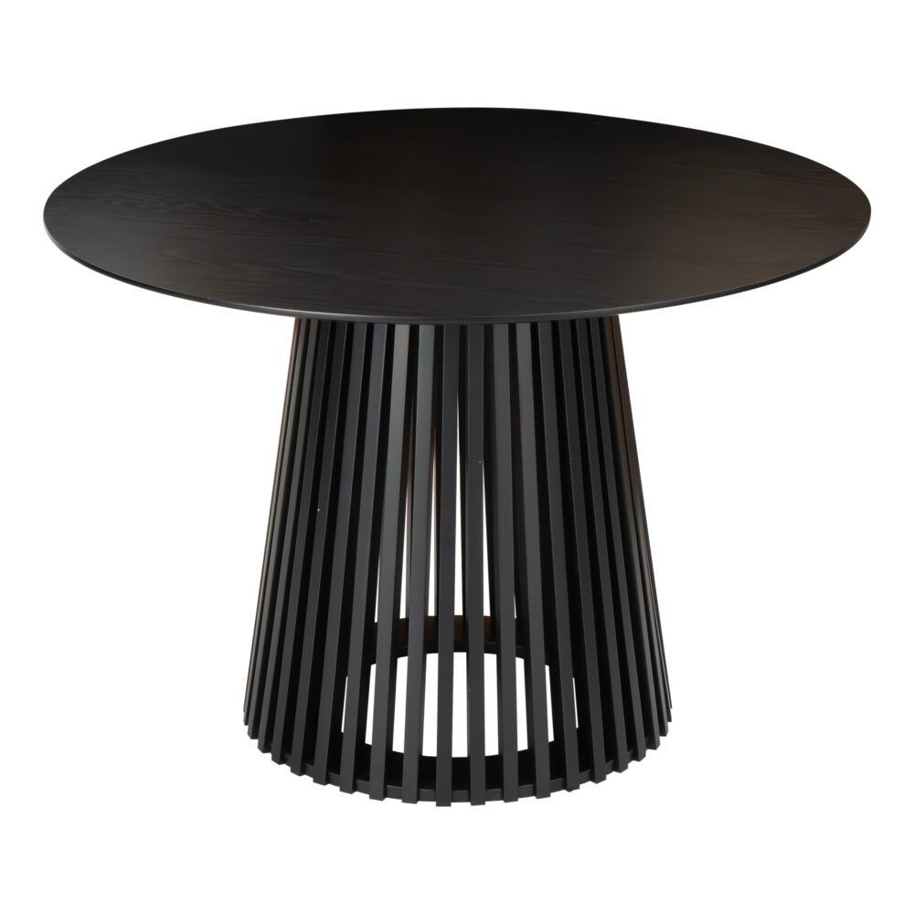 Round dining table with dark top and fluted black pedestal
