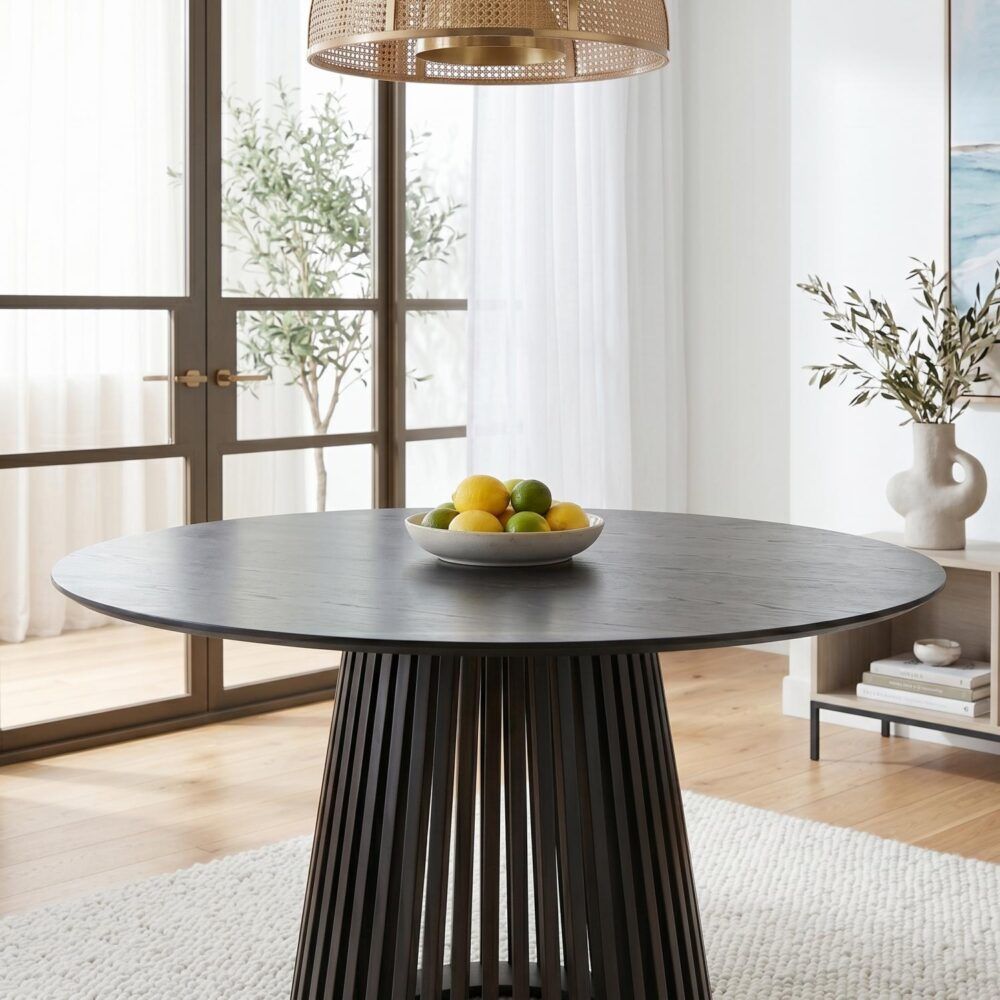Round dining table with dark tabletop and ribbed black pedestal base