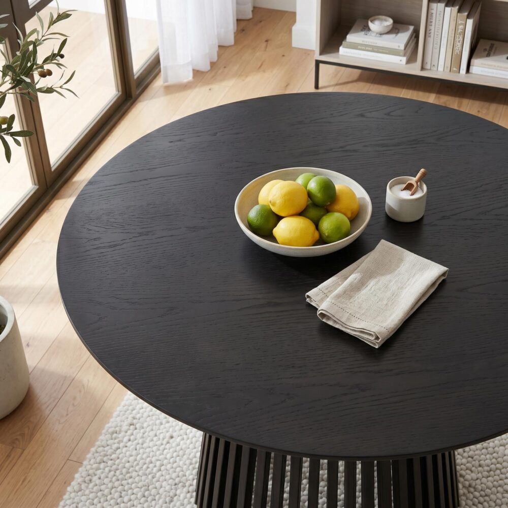 Round dark dining table with black slatted pedestal, bowl centerpiece, linen napkin