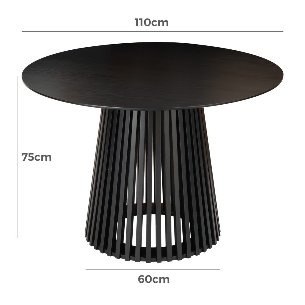 Round dining table: 110cm diameter, 75cm height, 60cm base width