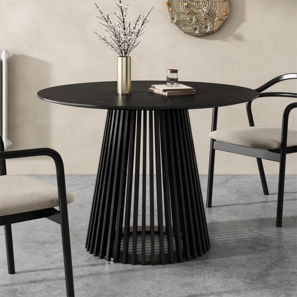Round dining table with dark wood-look top and ribbed pedestal base, sleek silhouette