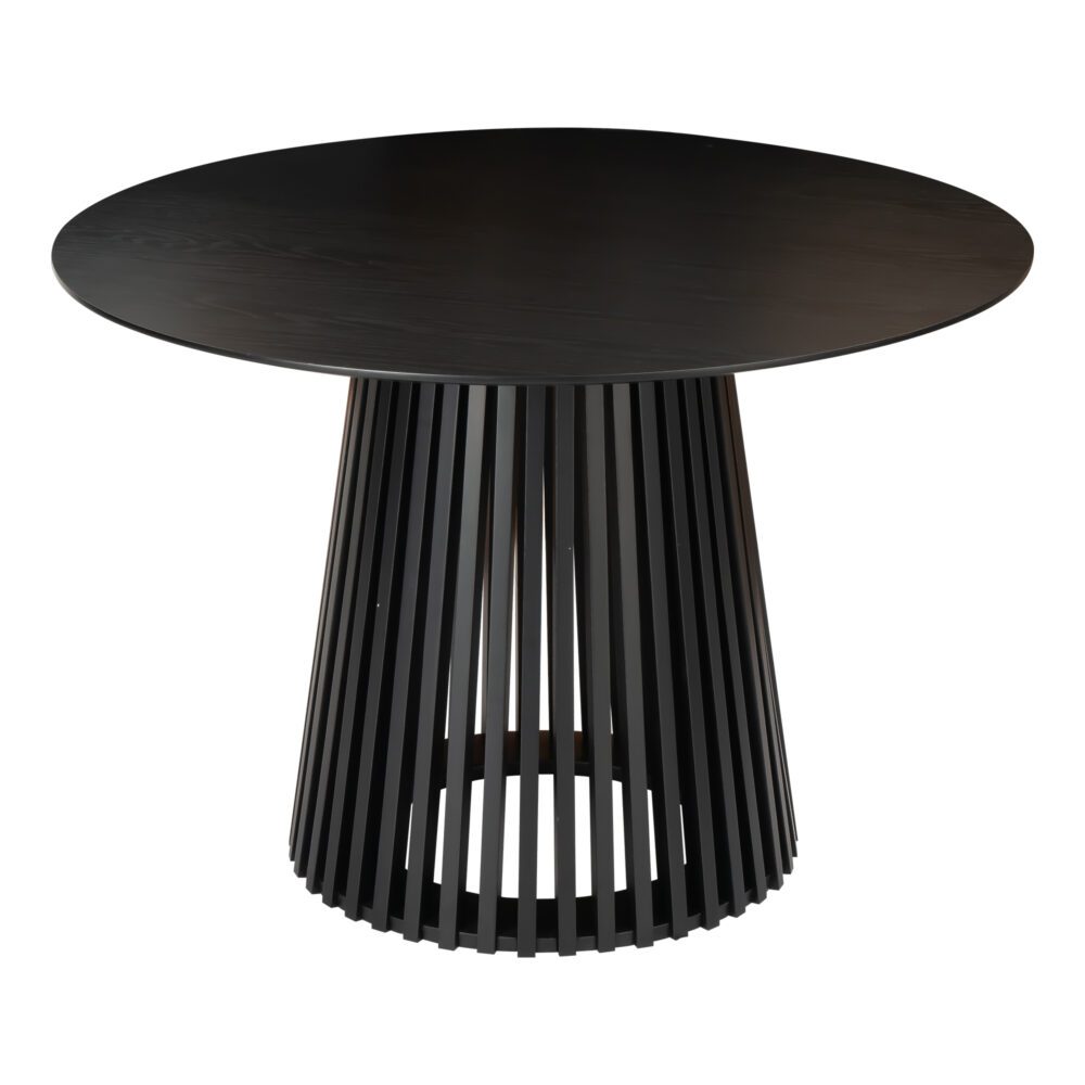 Round dining table with dark tabletop and ribbed pedestal base