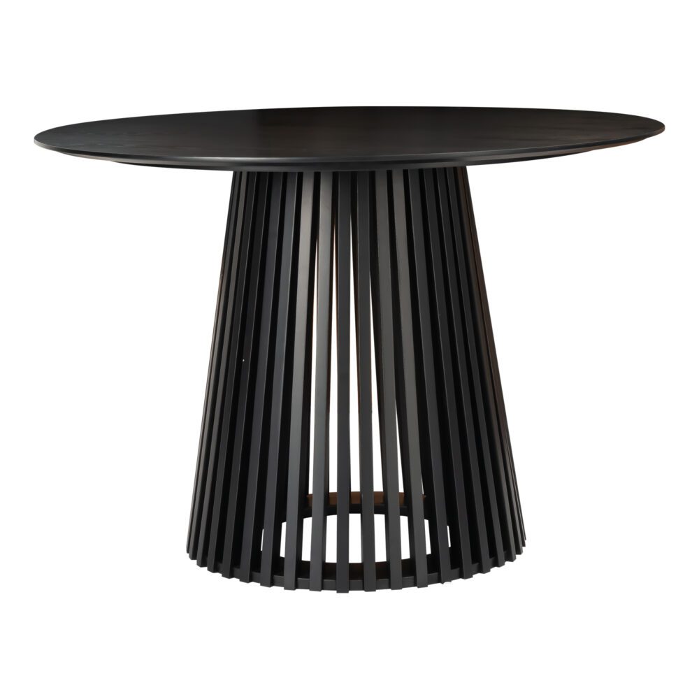 Round dining table with dark top and vertical slat pedestal base