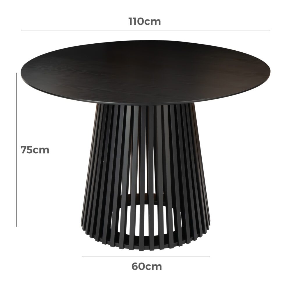 Round dining table: 110cm diameter, 75cm height, 60cm base