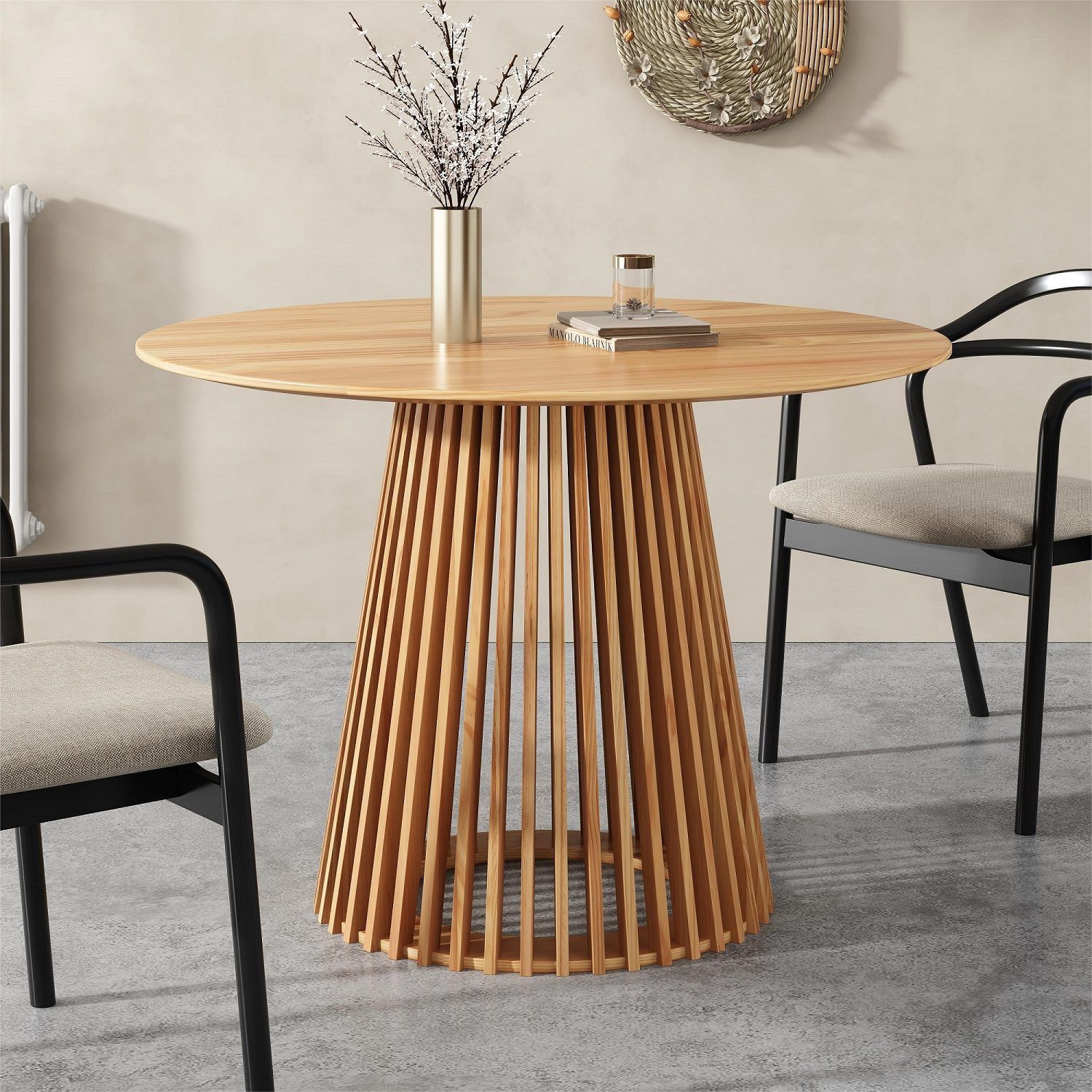 Natural wood round dining table with ribbed pedestal base