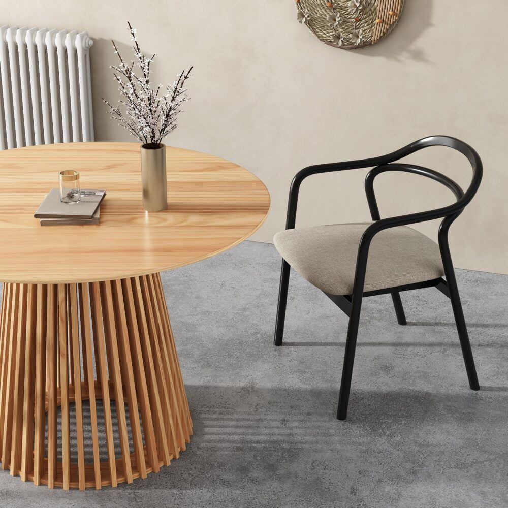Natural wood round dining table with slatted pedestal base