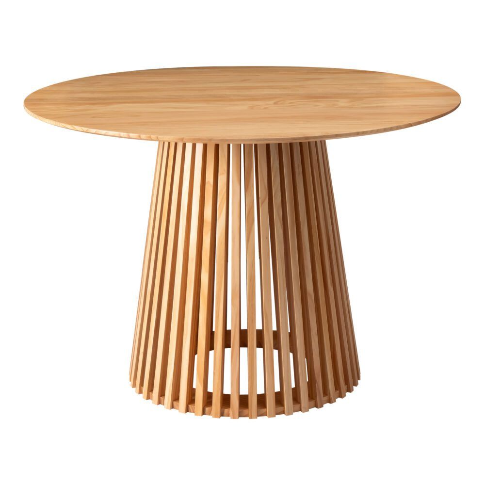 Round natural wood dining table with ribbed pedestal base