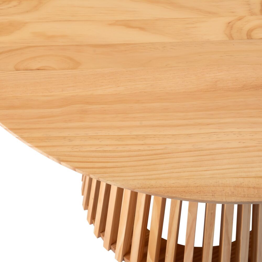 Round wood dining table edge with vertical slatted pedestal