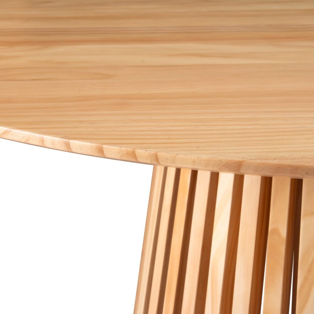 Round wood dining table with smooth rim and vertical slats
