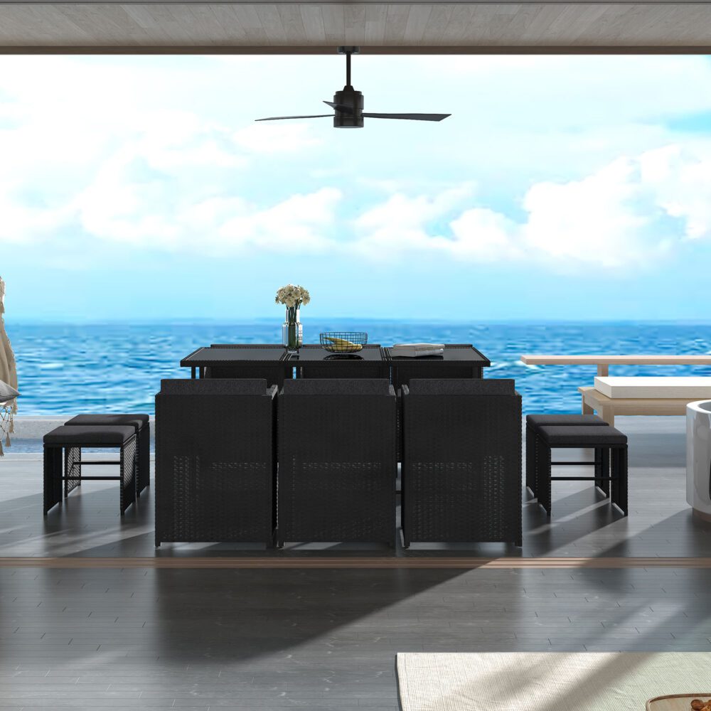 Black outdoor dining set front view with square glass-top table and cabinet-style bench seats