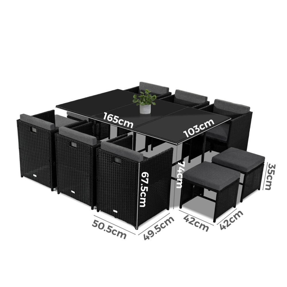 Black woven outdoor dining set dimensions shown: square table, seats, and ottoman bench pieces