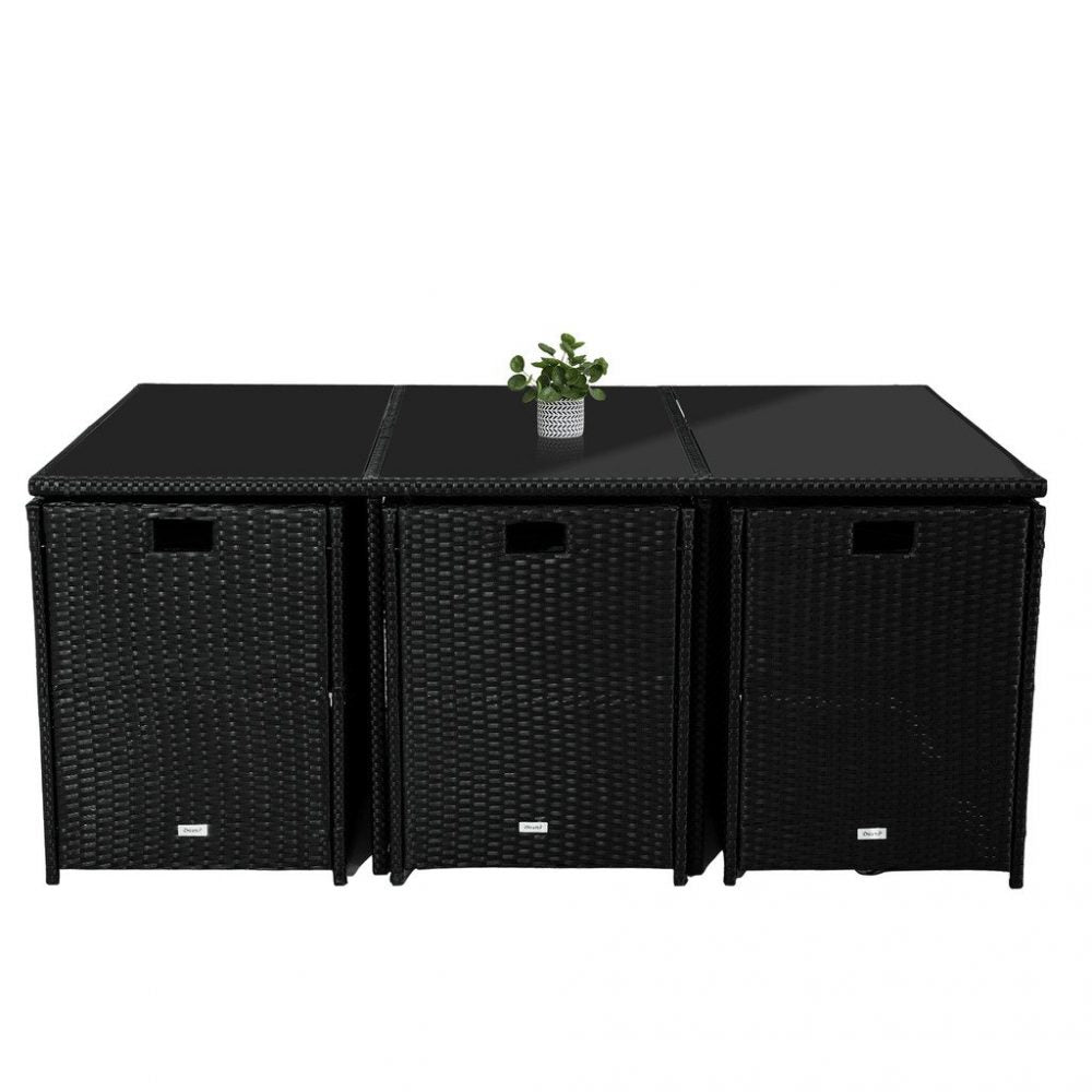 Black woven outdoor dining set: square table with four cabinet-seat panels and storage drawers
