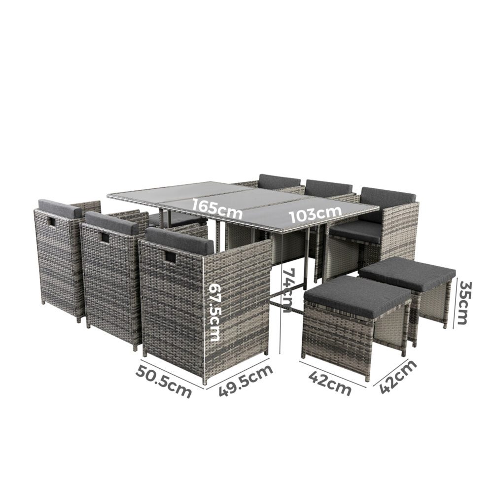 Grey outdoor dining set with size measurements shown on table and woven seating