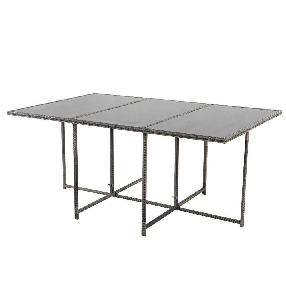 Grey outdoor dining table with rectangular glass top and black metal legs