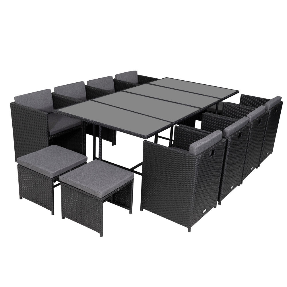 Black outdoor dining set with rectangular glass table and 8 cushioned seating stools