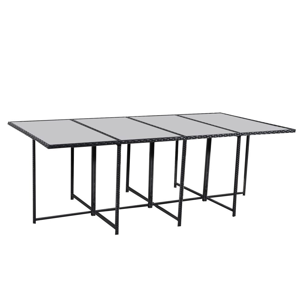 Rectangular outdoor dining table with black metal legs and dark glass tabletop