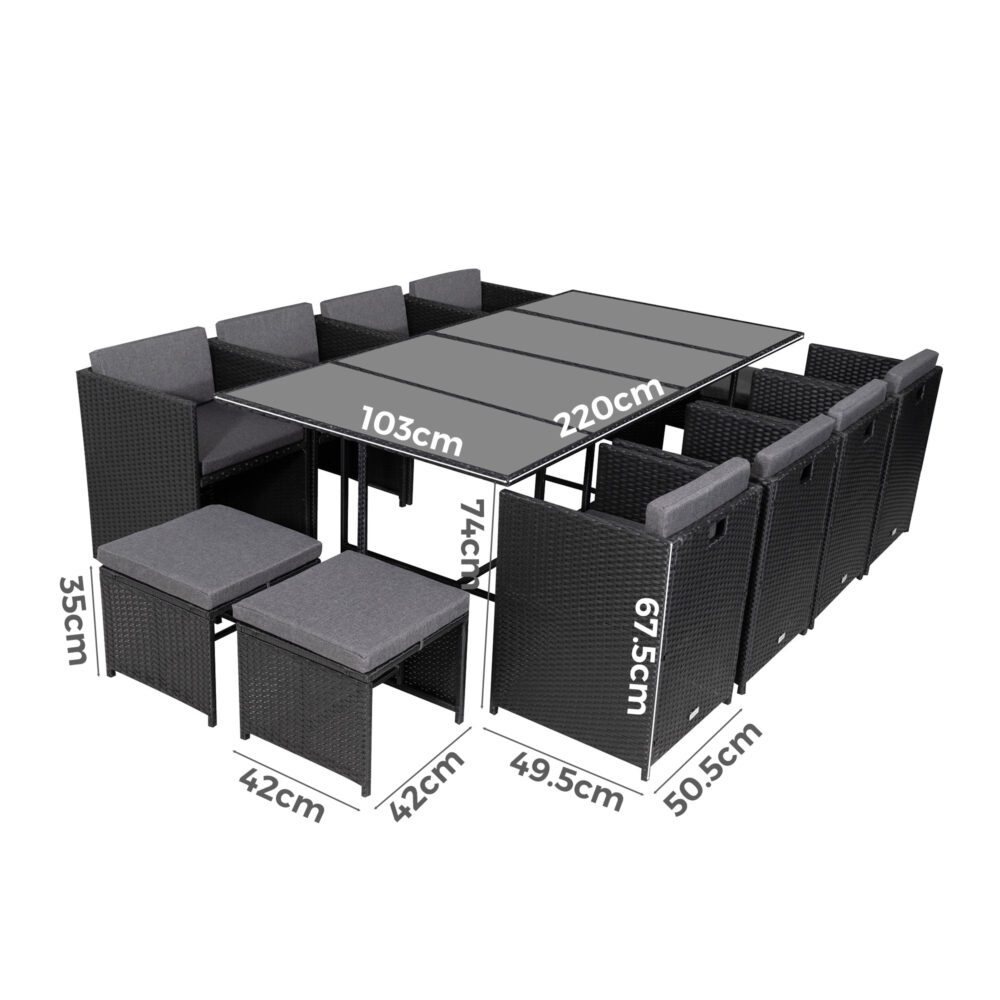 Black outdoor dining set with 220x103 cm tabletop and woven seats; 50.5 cm height