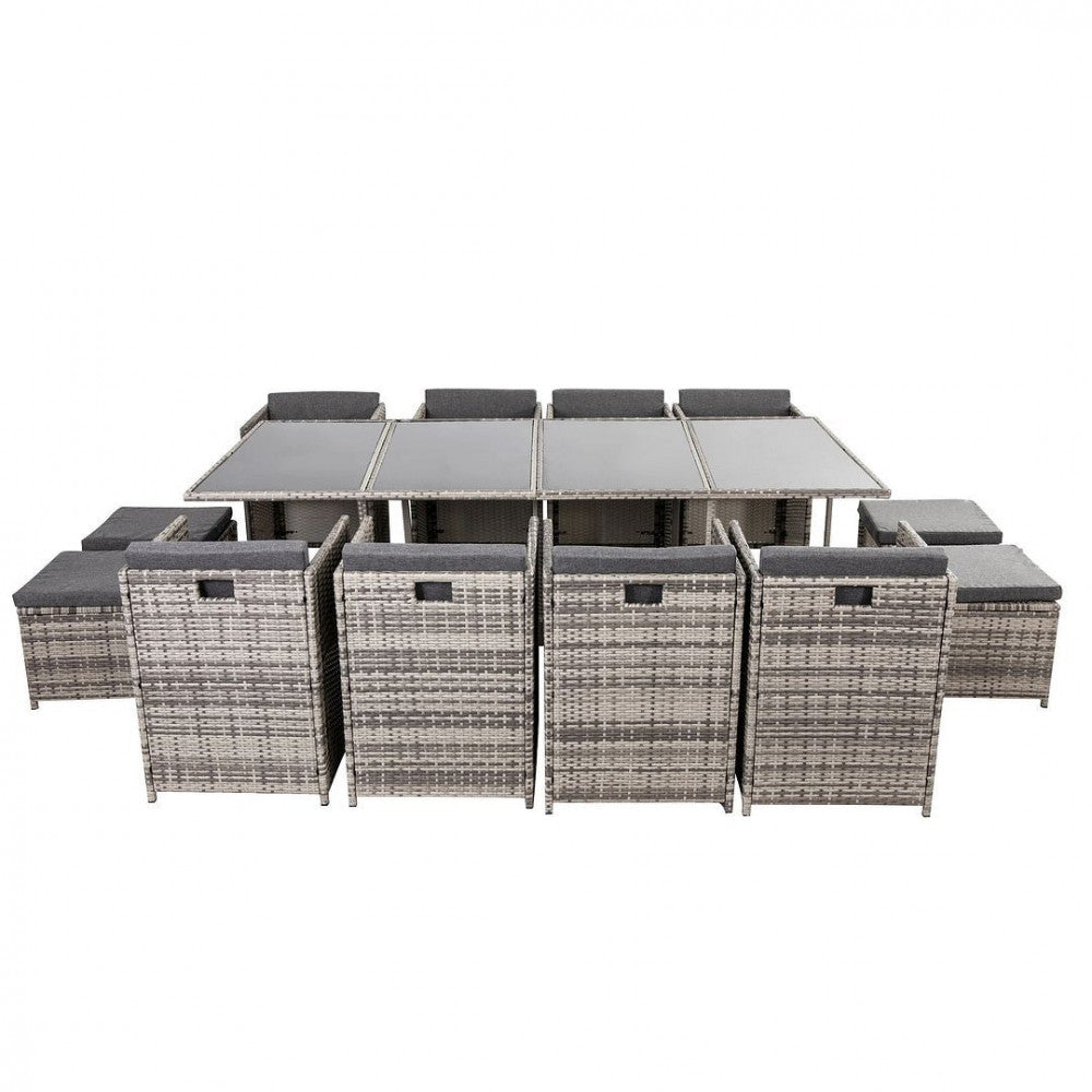 Grey 13-piece outdoor dining set with rectangular dining table and woven arm chairs