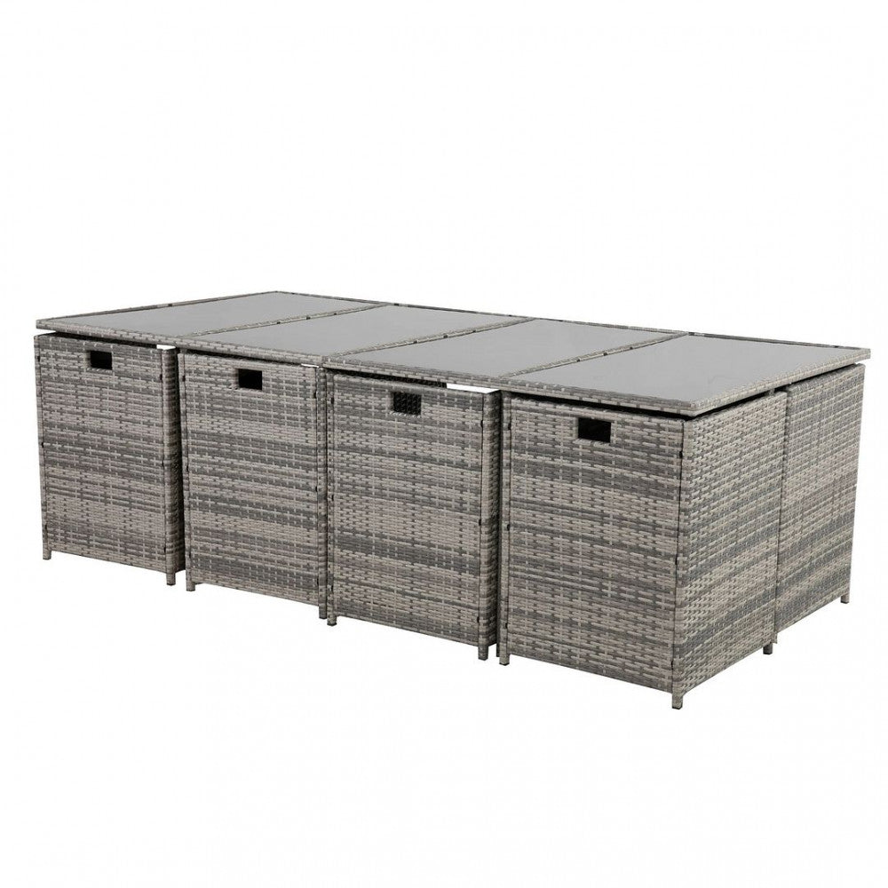 Grey outdoor dining set with four woven side panels and rectangular tabletop