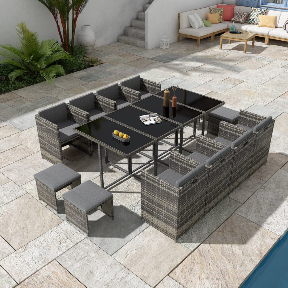 Grey outdoor dining set viewed from above with corner seating and tabletop center