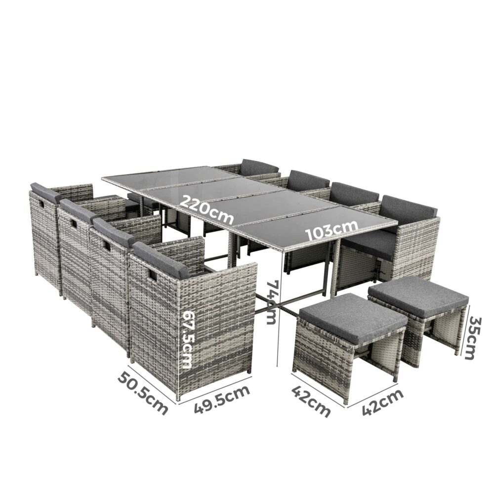 Grey outdoor dining set with labeled dimensions: table 220x103cm, height 74cm