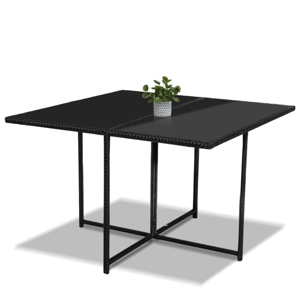 Black rectangular outdoor dining table with woven rattan frame and planter centerpiece