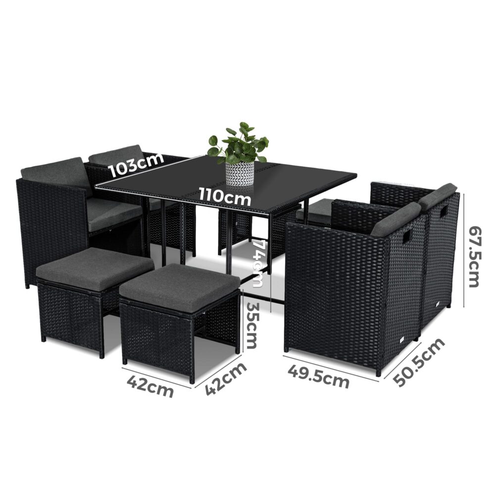 Black rattan outdoor dining set with table and cushioned seats, with size diagram