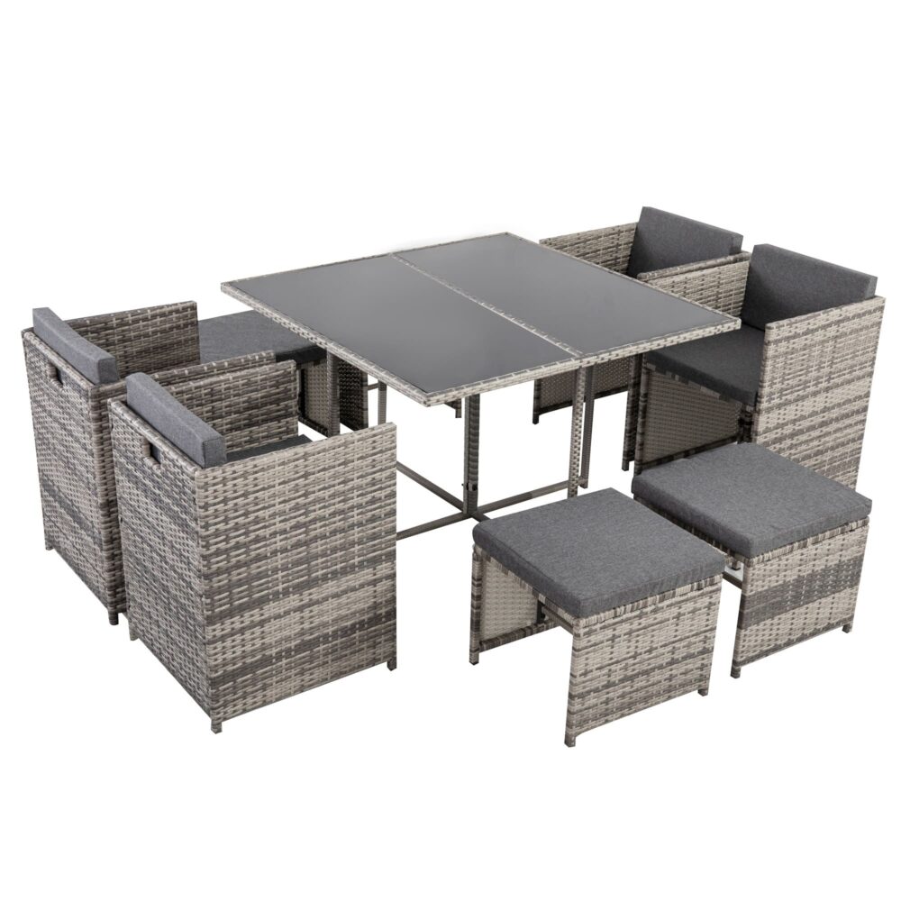 Outdoor dining set with grey woven rattan seating and dark grey glass-top table