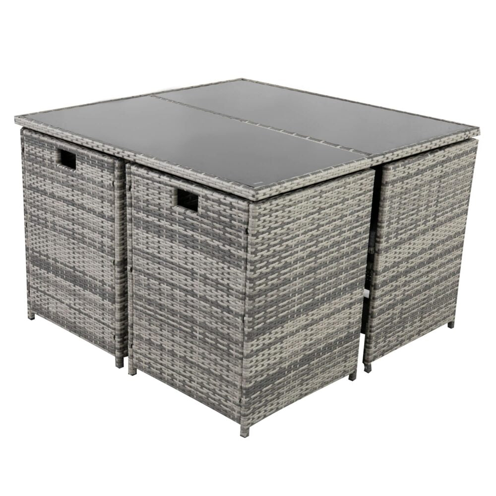 Square outdoor dining table with grey woven rattan sides and dark grey tabletop
