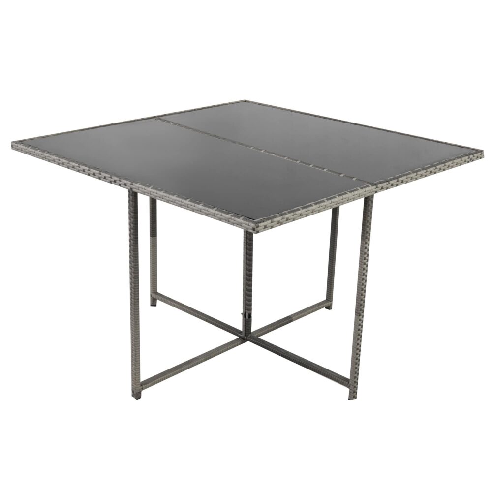 Square outdoor dining table with dark grey tabletop and grey woven rattan sides