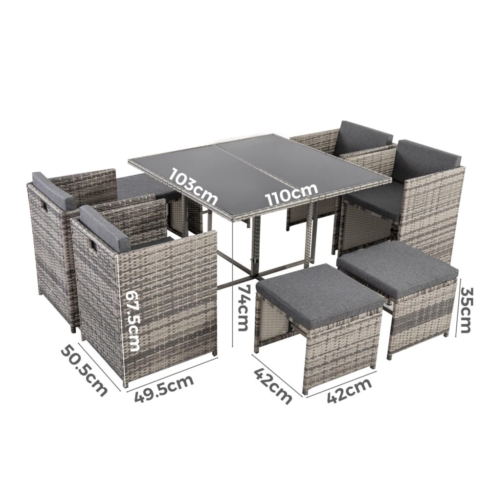 Grey outdoor dining set with rectangular table and eight woven rattan chairs