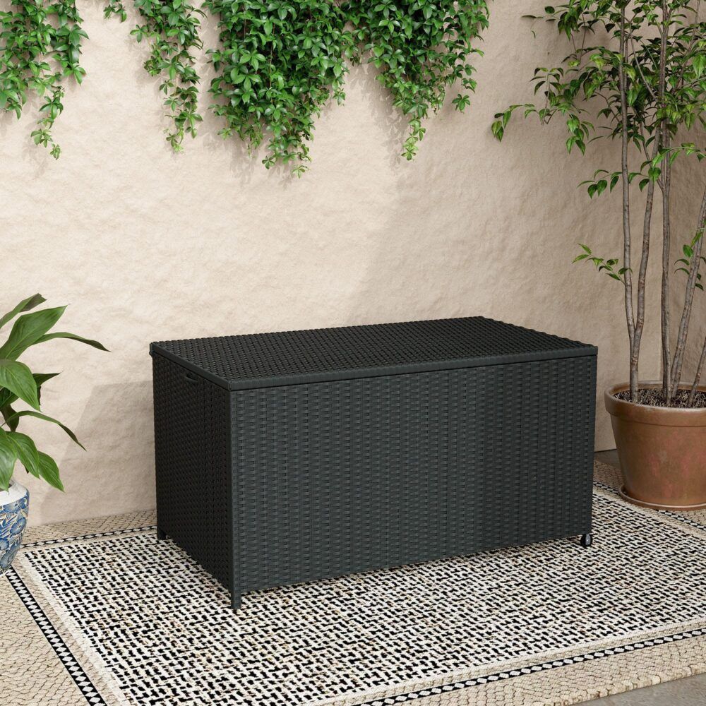 Outdoor PE wicker storage box with hinged lid, closed, side view, dark finish.