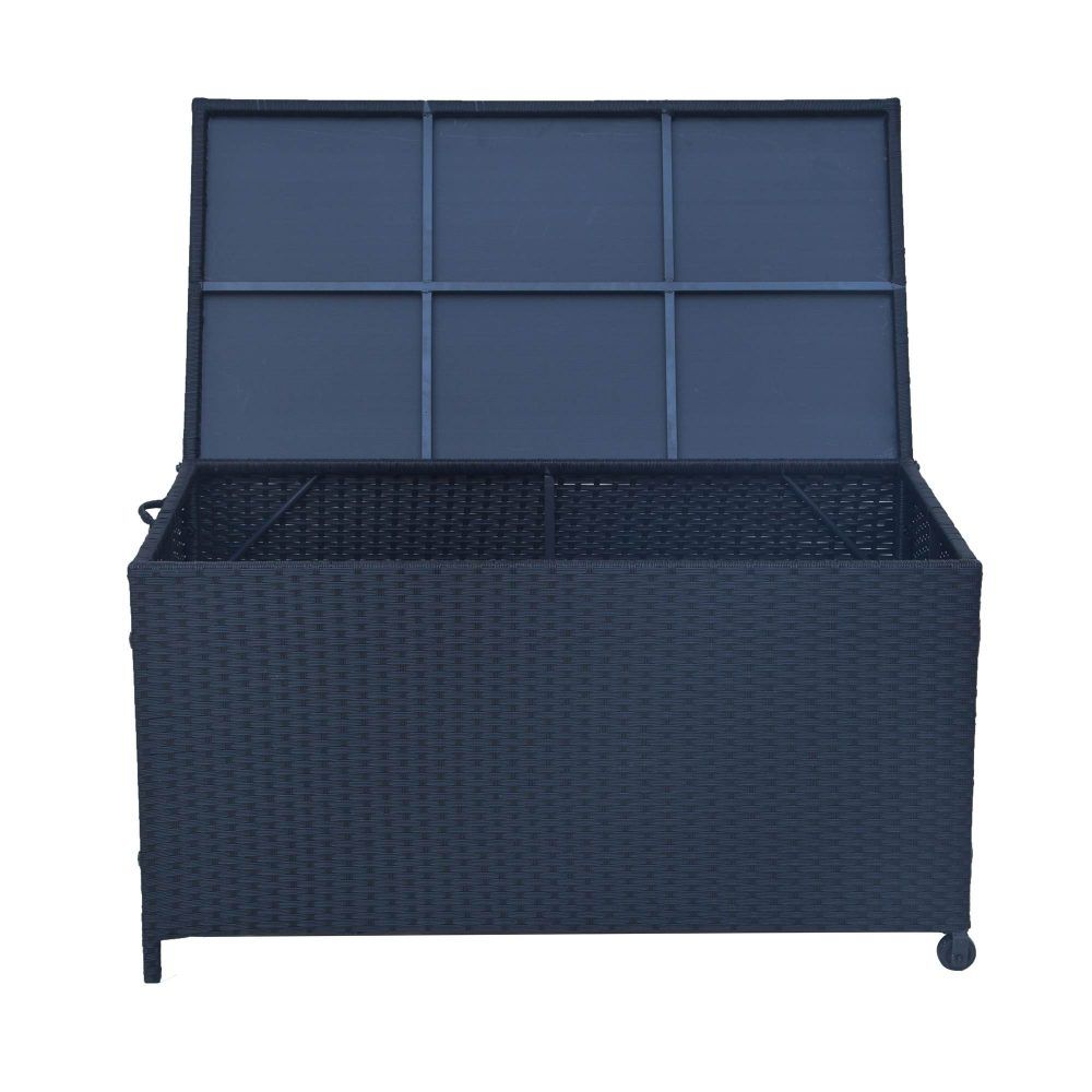 PE wicker storage box with hinged lid open, dark interior panels, front view.