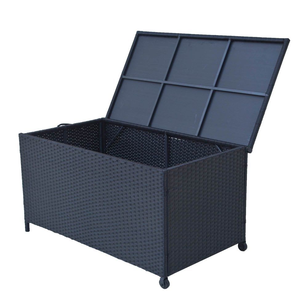 Outdoor wicker storage box with hinged lid raised, dark panel grid, side angle.