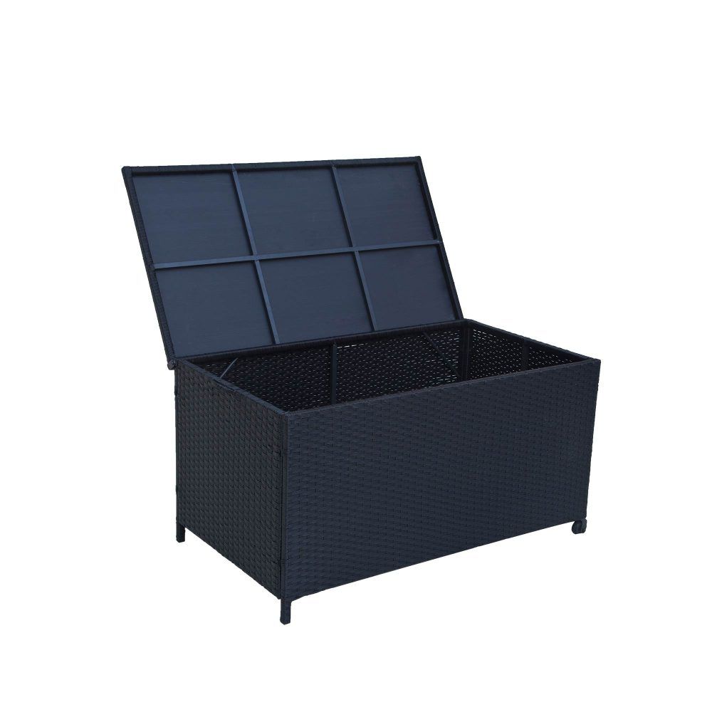 Outdoor wicker storage box with hinged lid raised, dark panel grid, front-left view.