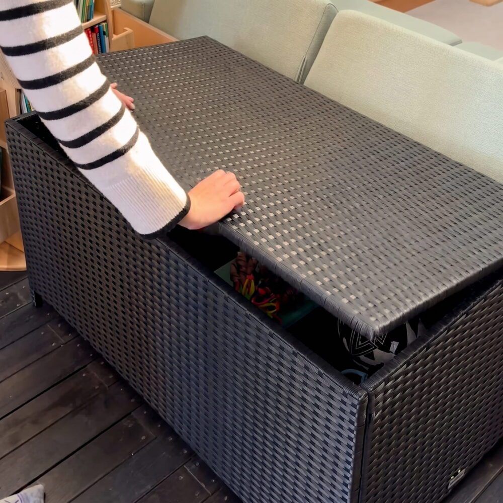 PE wicker outdoor storage box with hinged lid open, spacious interior for items.