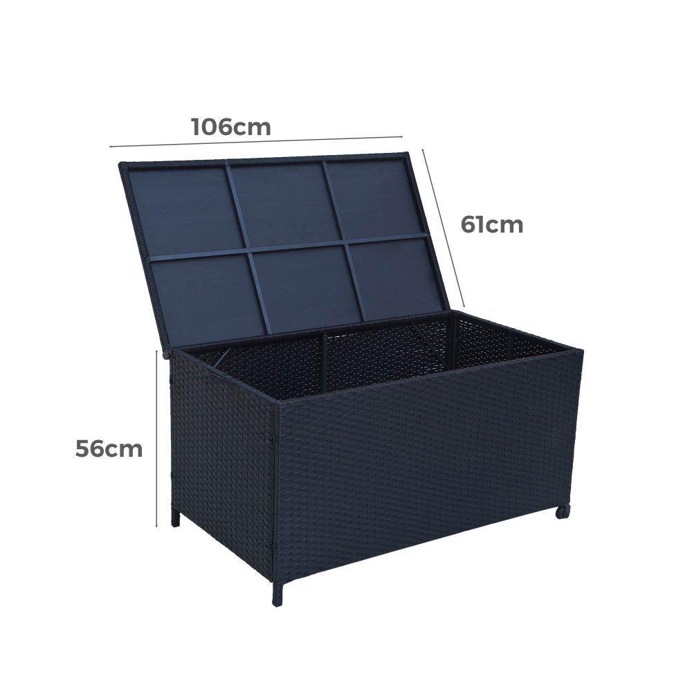 Outdoor PE wicker storage box, 106 x 61 x 56 cm, hinged lid open.