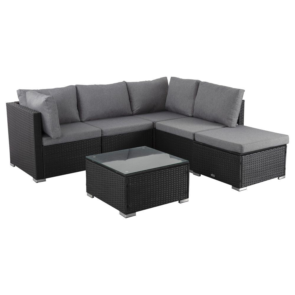 Black outdoor L-shaped sectional lounge set with gray cushions and square ottoman table