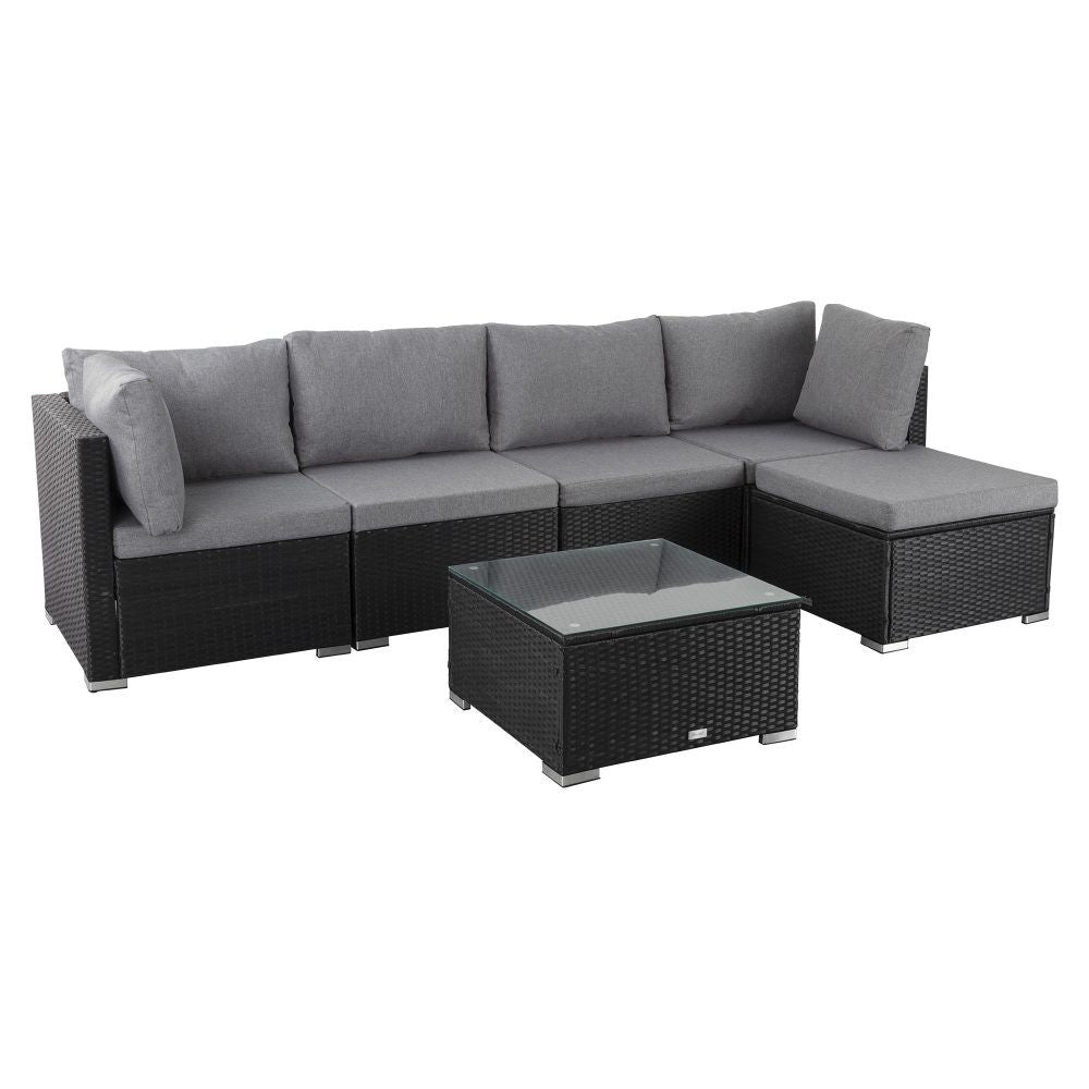 Black outdoor sectional lounge set with gray cushions and square ottoman coffee table