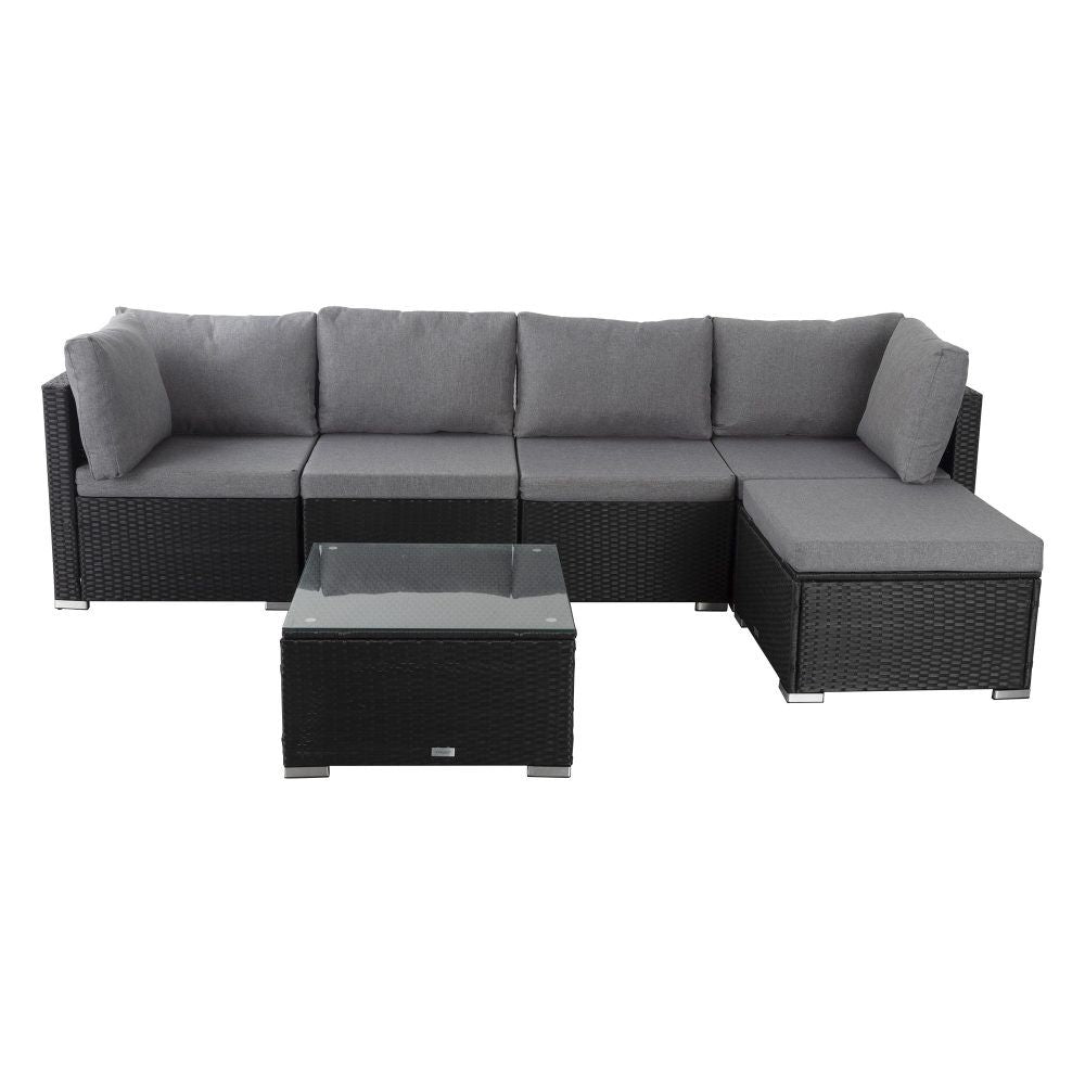 Outdoor sectional lounge set with black woven frame and light gray seat and back cushions