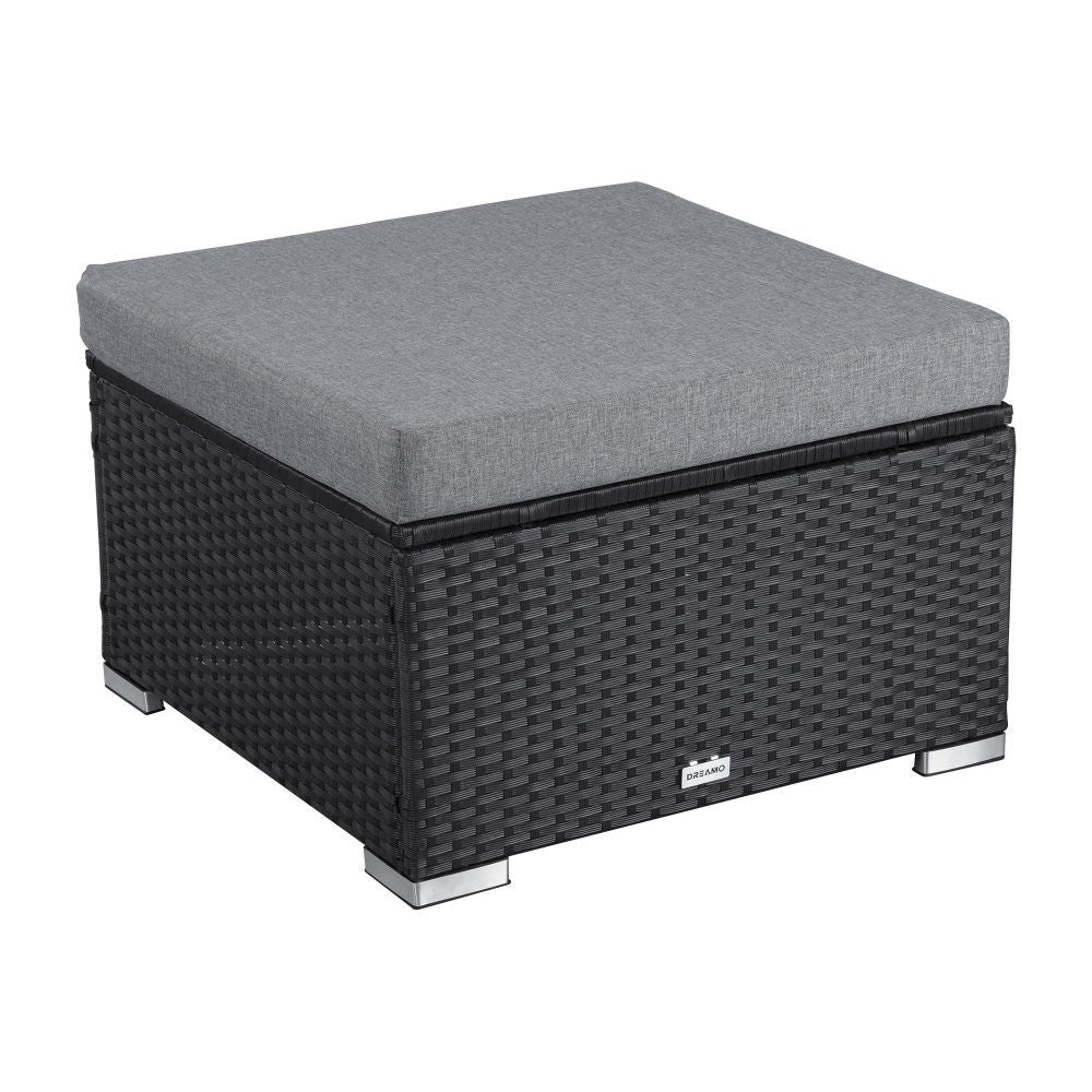 Outdoor ottoman with black woven frame, gray cushion top, and metal feet